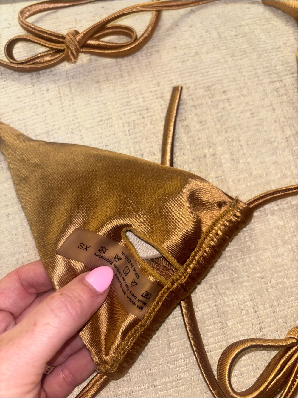 Metallic Bronze String Bikini Set XS Shiny Triangle Top High Cut Thong Vacation - Picture 7 of 7